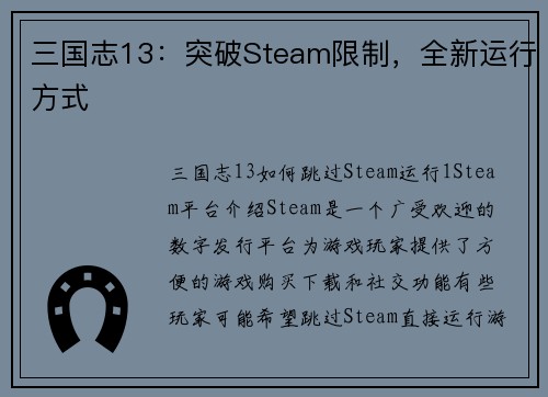 三国志13：突破Steam限制，全新运行方式